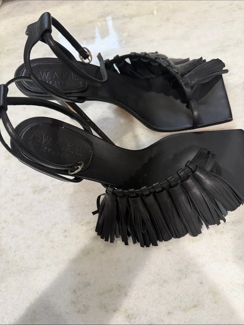 Fringed Black Leather Square-Toe Ankle-Strap Heels